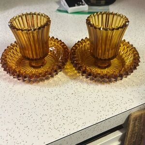 vintage Indiana Glass Diamond Point votive candle holders in amber glass.